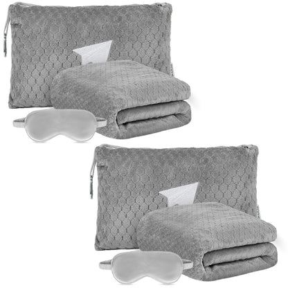 Plush & Plaid 2-Pack Travel Blanket Airplane Compact with Bag, Mid-Weight Soft Throw Blanket Pillow for Long/Short Flight, Portable Packable with Luggage Sleeve and Backpack Clip, 40x65, Gray