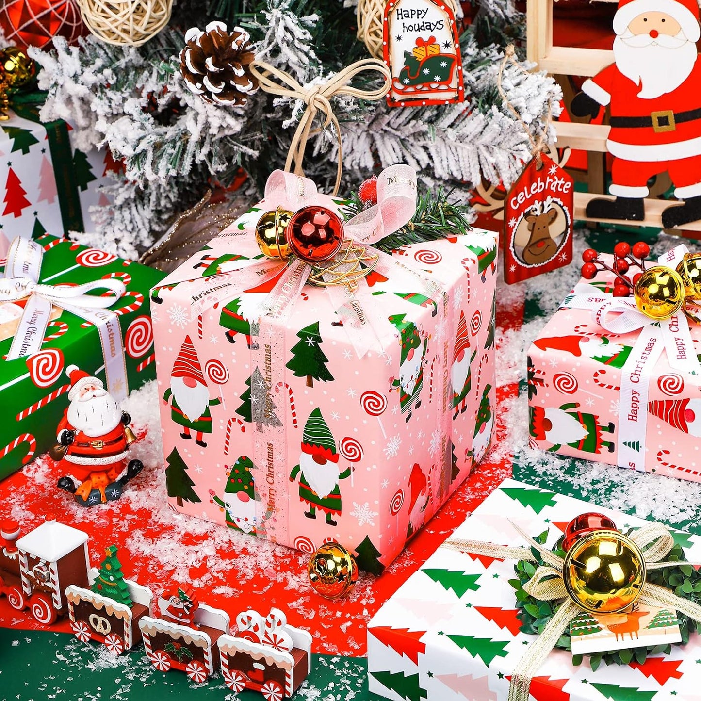 Wrapaholic Christmas Wrapping Paper Roll - Jumbo 30 Inch Gnome Elf Holiday Design | 4 Rolls, 120 Inch Each