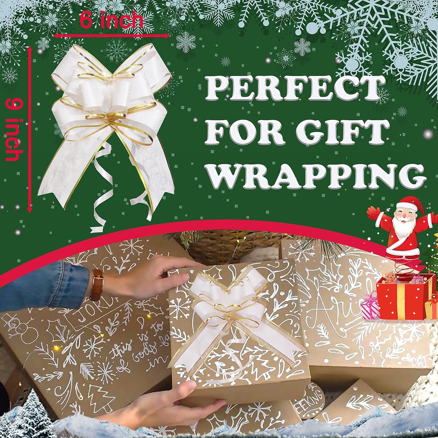 Skiennix Pull Bows - 15 PCS Large Gift Bows for Wrapping | White with Tulle & Gold Line, 6 Inches