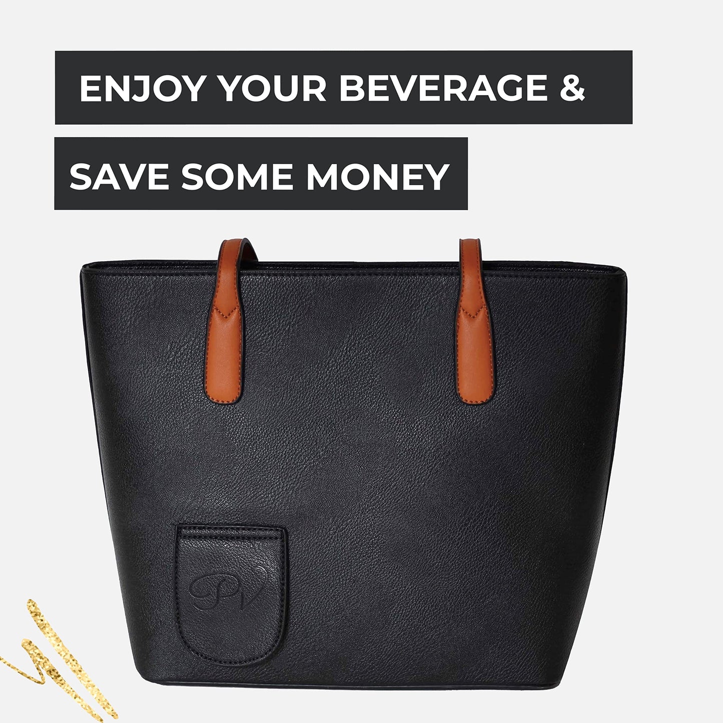 PortoVino Classic Tote Bag - Vegan Leather Wine Purse with Hidden Spout and Dispenser Flask for Wine Lovers that Holds and Pours 2 bottles of Wine! For Traveling, Concerts, Bachelorette Party - Black