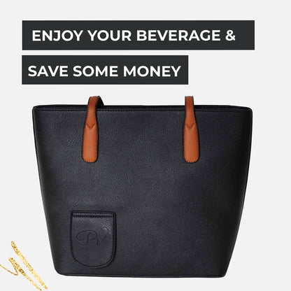 PortoVino Classic Tote Bag - Vegan Leather Wine Purse with Hidden Spout and Dispenser Flask for Wine Lovers that Holds and Pours 2 bottles of Wine! For Traveling, Concerts, Bachelorette Party - Black