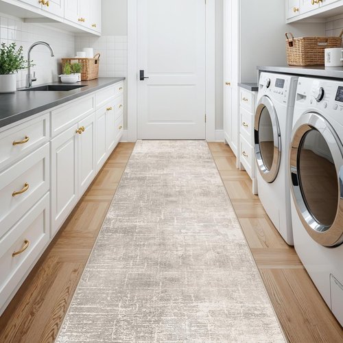 HY HAOYUNLAI Runner Rug - Soft Non-Slip Hallway Carpet with Rubber Backing | Washable Abstract Design (2'6"x12", Beige/Cream)