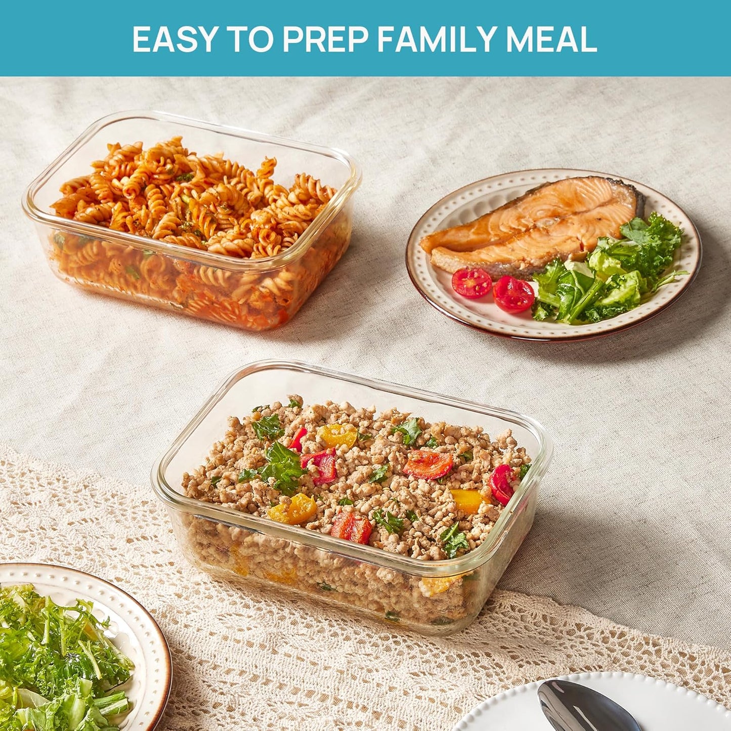 Vtopmart Large Glass Storage Containers - 2 Pack 1860ml | Airtight Meal Prep Set with Snap Lids, Grey