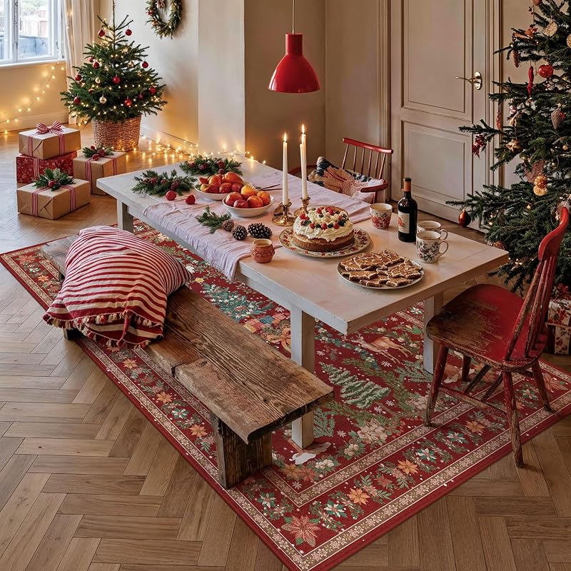 Christmas Snowflake Area Rug 6x9 - Washable Red Holiday Carpet, Variation: Christmas Village Red+6' x 9' (Rectangular)