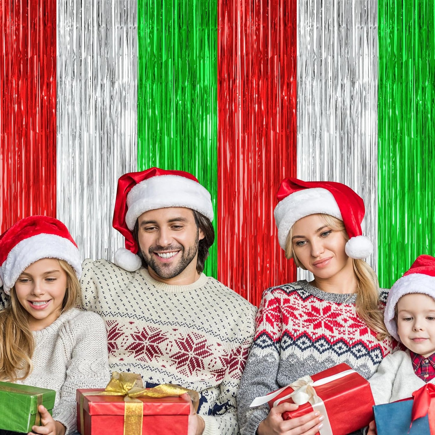 Regine Switzerland Christmas Backdrop - 2 Pack Metallic Red Silver Green Streamers | 3.28 FT x 7.05 FT Foil Tinsel Decor
