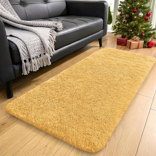 OLANLY 2x4 Machine Washable Runner Rug - Soft Fluffy Shaggy Design for Bedroom & Hallway | Mustard Yellow