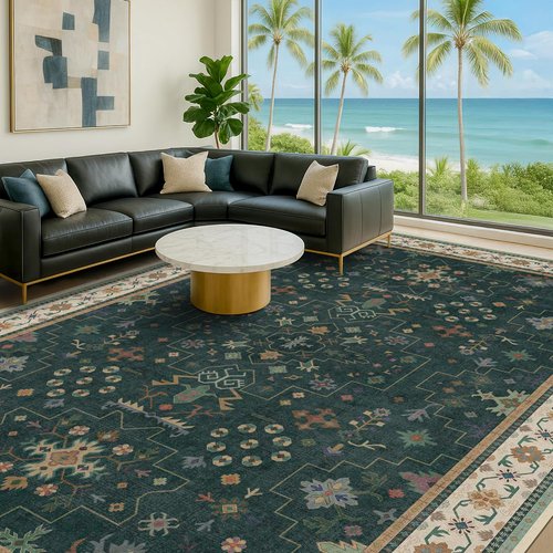 Hazo Haus Dark Green Oushak Area Rug - Modern Vintage Boho Floral Design, 10x14, Washable & Non-Slip