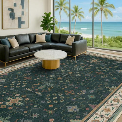 Hazo Haus Dark Green Oushak Area Rug - Modern Vintage Boho Floral Design, 10x14, Washable & Non-Slip