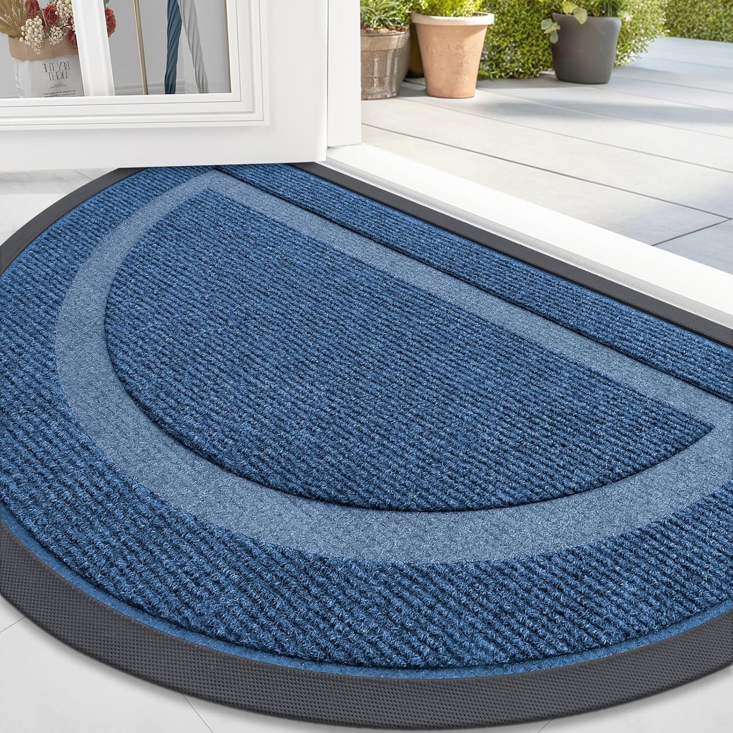 OLANLY Half Circle Door Mat - Waterproof All-Season Welcome Mat | Sturdy Natural Rubber, 33x21, Light Blue