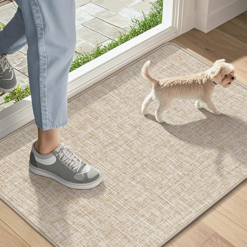LEKEEPGO Ultra Thin Indoor Door Mat 17"x29", Low-Profile Door Mat Indoor Entrance, Non Slip Rubber Backing Inside Doormat Washable Welcome Front Entryway Dirt Trapper Entry Mat, Khaki