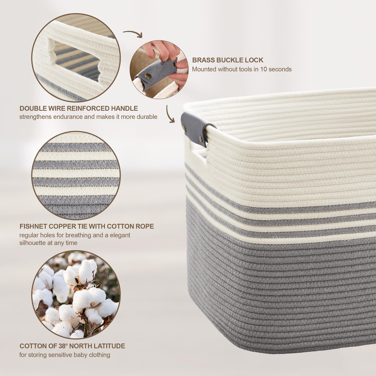 SunNewt 45L Small Laundry Basket with Leather Handles for Living Room Storage, Woven Rope Baskets Bin for Blanket, Kids Toy, Gifts, Wicker Hamper for Bedroom Dirty Clothes, 18"x14"x11" White Grey