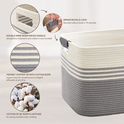 SunNewt 45L Small Laundry Basket with Leather Handles for Living Room Storage, Woven Rope Baskets Bin for Blanket, Kids Toy, Gifts, Wicker Hamper for Bedroom Dirty Clothes, 18"x14"x11" White Grey