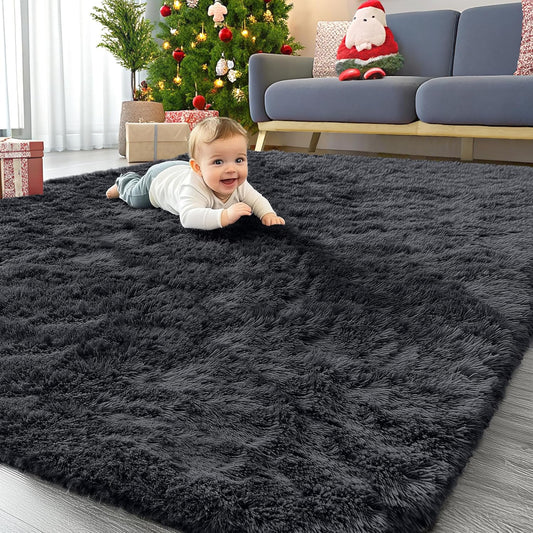 OLANLY 6x6 Area Rug - Soft Fluffy Shaggy Design | Machine Washable Indoor Carpet for Living Room & Bedroom, Black