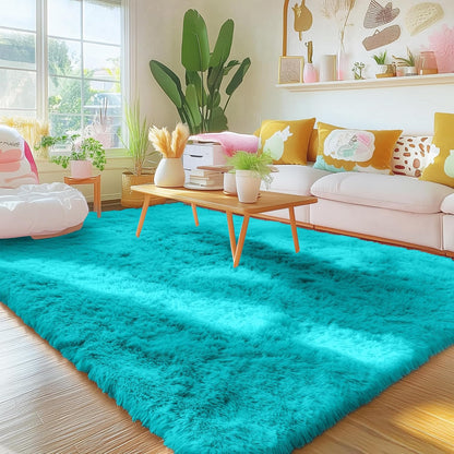 OLANLY Area Rugs - Soft Fluffy Shaggy Indoor Carpet for Living Room & Bedroom | 4x5.9 ft Teal Blue