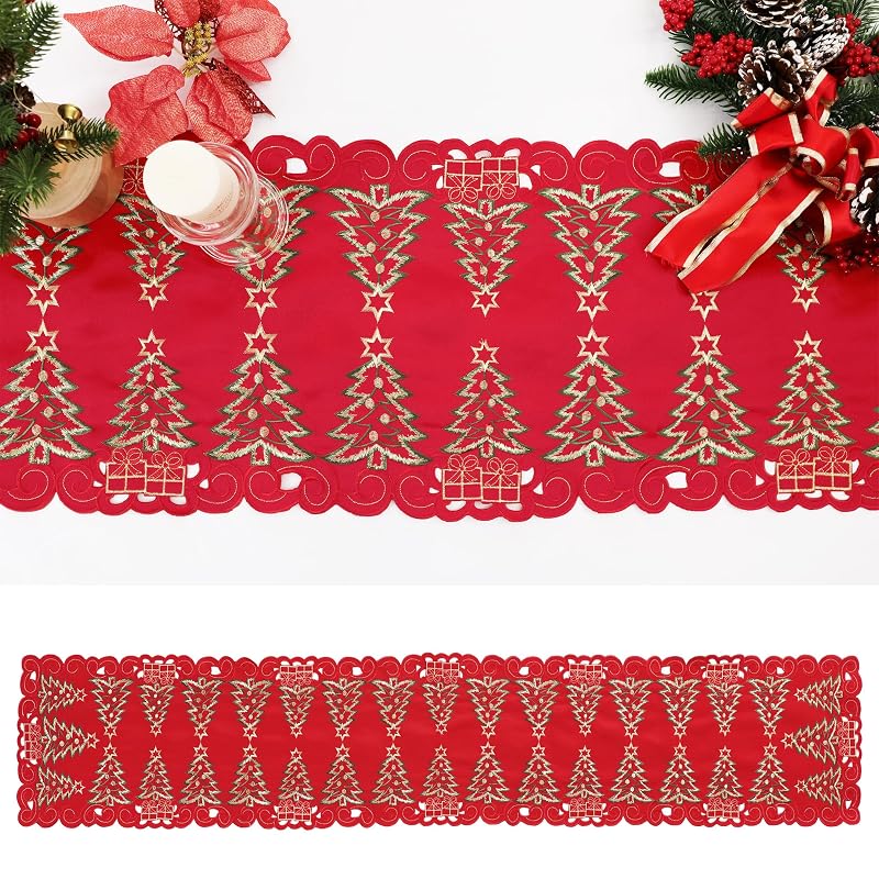 13"x70" Christmas Table Runner - Embroidered Red Tree & Gifts, Polyester | Simplebrand