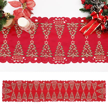 13"x70" Christmas Table Runner - Embroidered Red Tree & Gifts, Polyester | Simplebrand