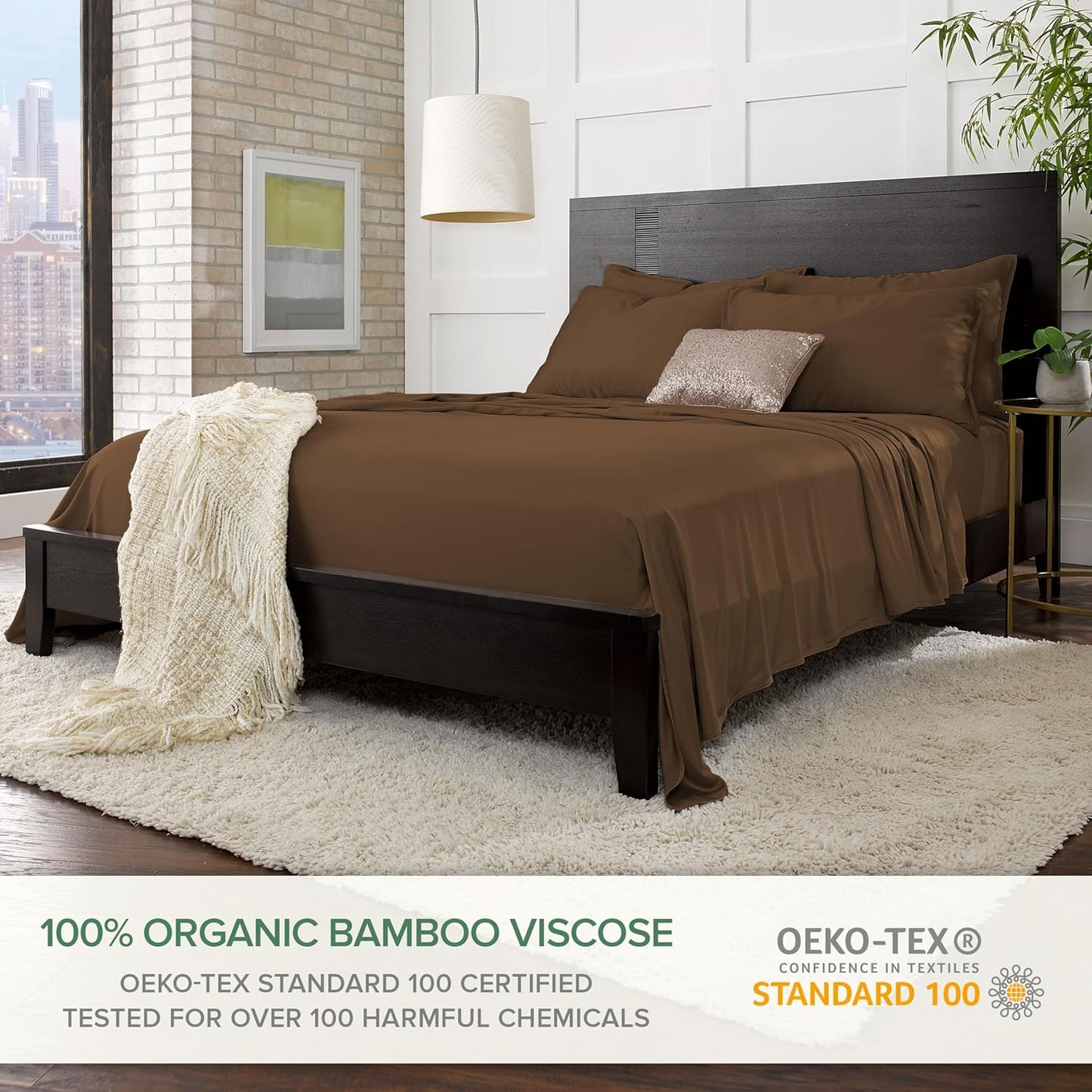 Pure Bamboo Split King Sheets - 100% Organic Viscose Bed Sheet Set, Soft & Cooling, 2 Fitted Sheets (Coconut Husk)