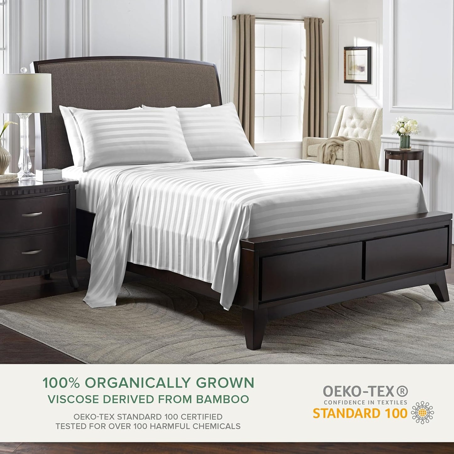 Pure Bamboo Queen Sheets - Luxuriously Soft 100% Organic Viscose Bed Sheet Set | Jacquard White, Double Stitching, 2-Year Quality Promise
