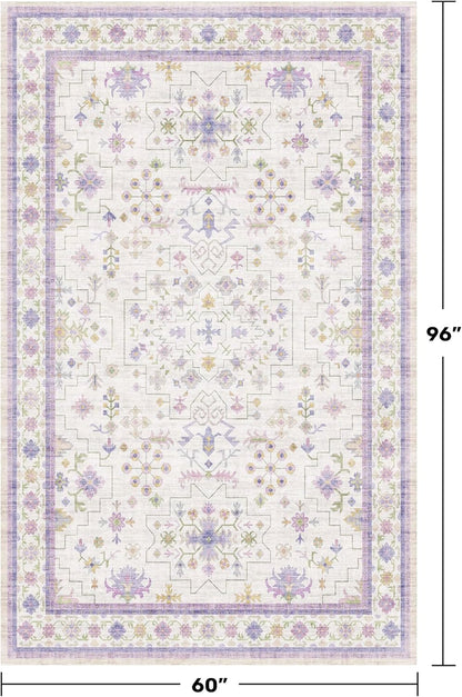 Regine Switzerland Light Purple Floral Area Rug - 5x8 Washable Non-Slip Carpet for Kids' Rooms
