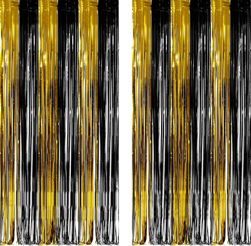 GREATRIL Black and Gold Party Streamers - Foil Fringe Backdrop for NYE, Anniversaries, Birthdays | 3.2ft X 8.2ft - 2 Packs