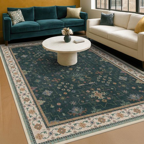 Hazo Haus Vintage Dark Green 6x9 Dining Room Rug - Washable Floral Low Pile Area Rug for Living Room & Bedroom