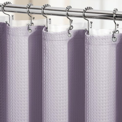 Dynamene Extra Long Shower Curtain and Liner Set - 84 inch Tall Waffle Fabric, Waterproof Clear Liner, Heavy Duty Weighted Hotel Luxury Cloth Shower Curtains for Bathroom, 12 Hooks, 72x84, Lavender