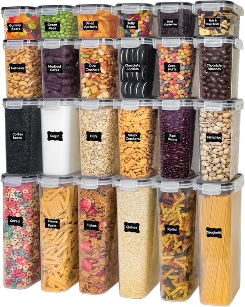 Freshware Kitchen Storage Containers - 48 PCS Airtight Plastic Food Storage Set with Labels & Measuring Spoons
