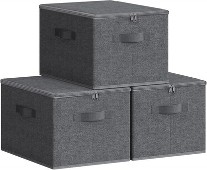 SONGMICS Foldable Storage Organizer Boxes - Set of 3 Bins with Lids & Handles | Slate Gray, 15.7 x 11.8 x 9.8 Inches