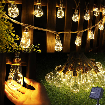 Skiennix Solar Outdoor String Lights - 20Ft Vintage Rope Design | Waterproof Warm White with 8 Modes & 16 Shatterproof Bulbs for Garden & Patio
