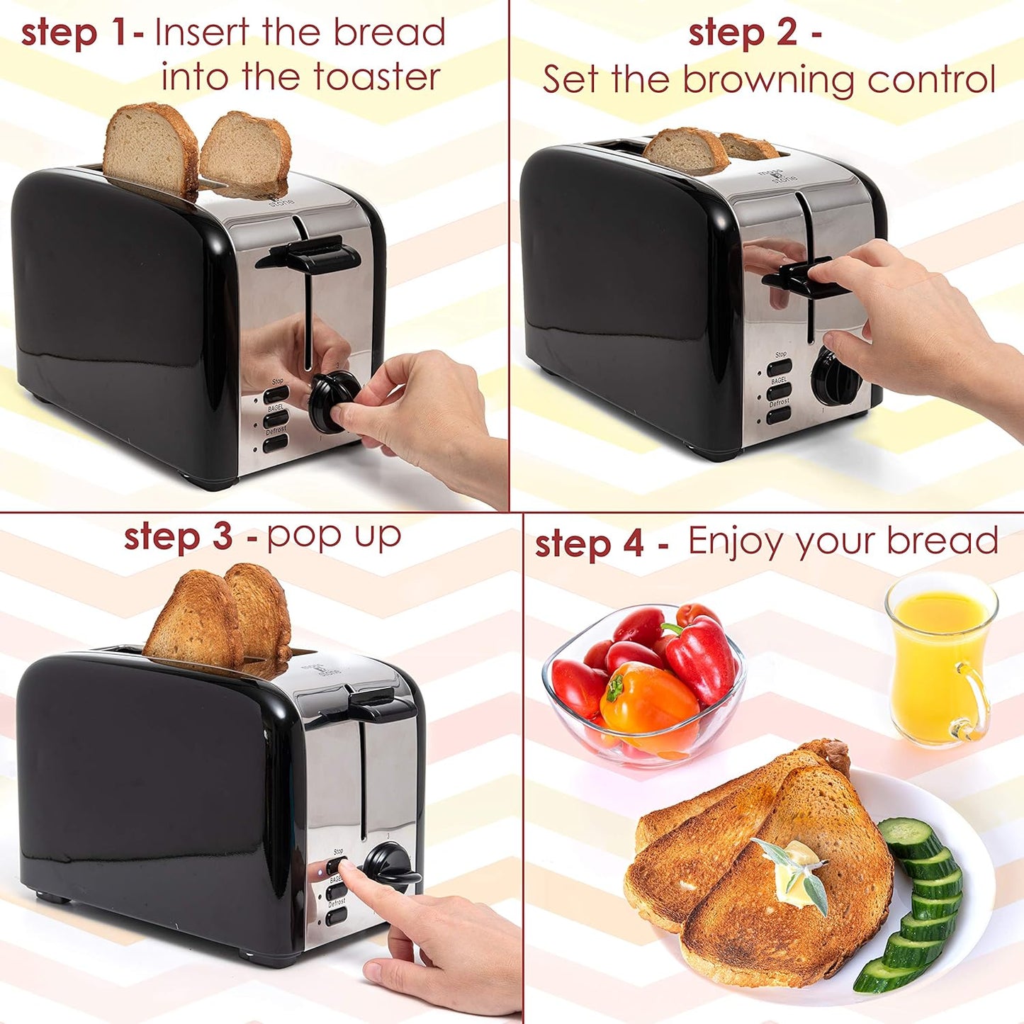 Moss & Stone 2-Slice Toaster - Extra-Wide 1.5-Inch Slots & 5 Shade Settings | Removable Crumb Tray, Black