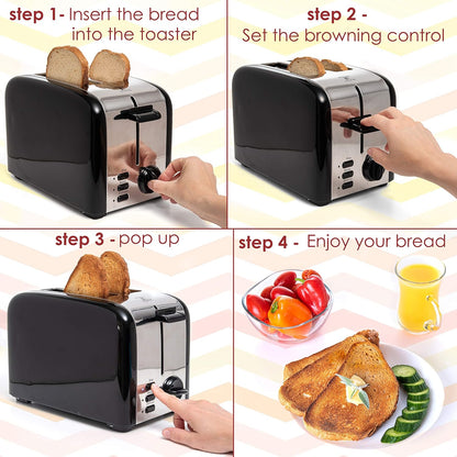 Moss & Stone 2-Slice Toaster - Extra-Wide 1.5-Inch Slots & 5 Shade Settings | Removable Crumb Tray, Black