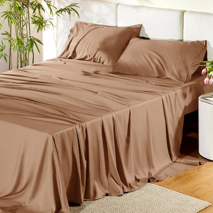Bedsure Queen Sheet Set - Cooling Bamboo Rayon Sheets | Breathable & Soft, Deep Pocket Up to 16 Inches, Khaki