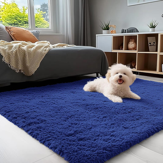 OLANLY Soft Fluffy 3x5 Machine Washable Bedside Rug - Navy Blue Shaggy Carpet for Kids & Home Decor