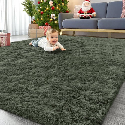 OLANLY 8x10 Machine Washable Large Area Rugs for Living Room, Bedroom, Soft Fluffy Shaggy Bedside Rug, Indoor Floor Carpet for Kids Girls and Boys, Dorms, Nursery, Home Decor Aesthetic, Olive Green