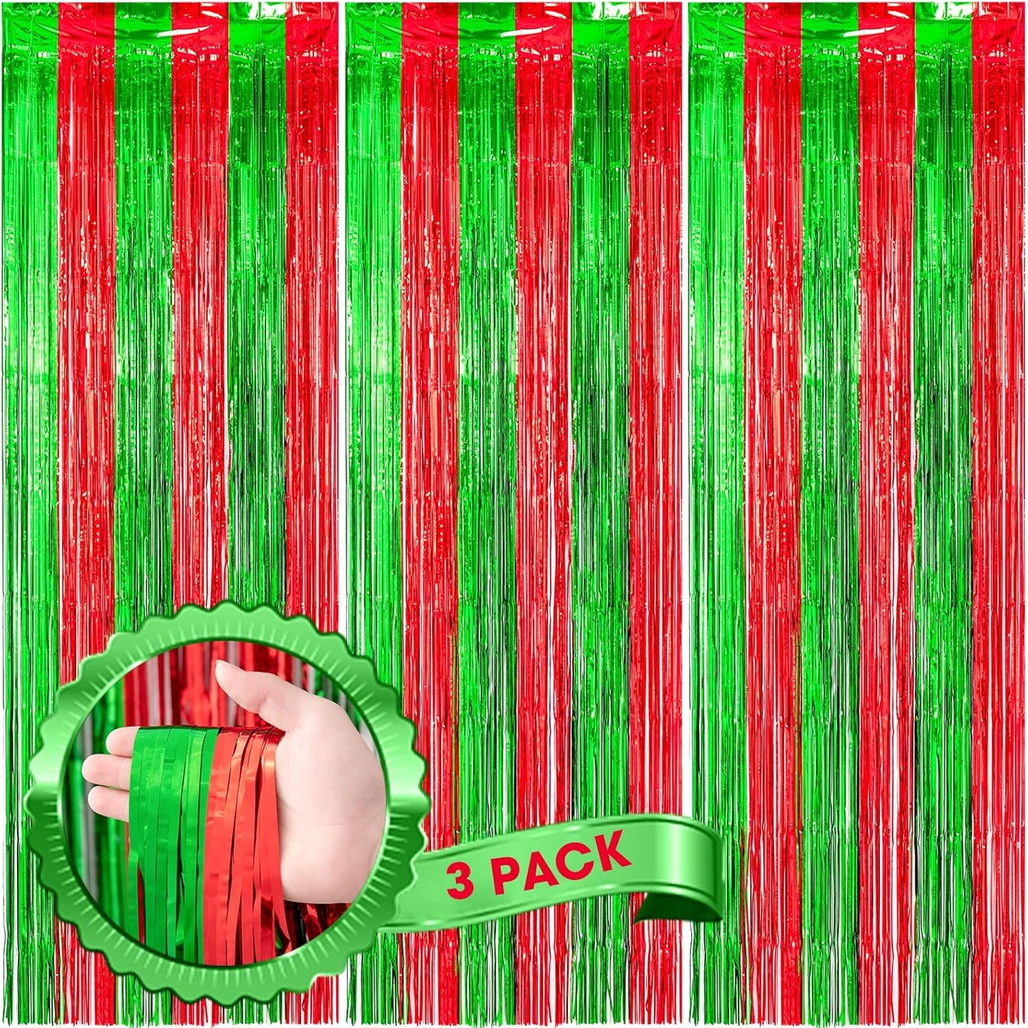 Voircoloria 3 Pack Red & Green Foil Fringe Backdrop Curtains - 3.3x8.2 Feet Tinsel Streamers for Parties