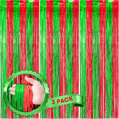 Voircoloria 3 Pack Red & Green Foil Fringe Backdrop Curtains - 3.3x8.2 Feet Tinsel Streamers for Parties