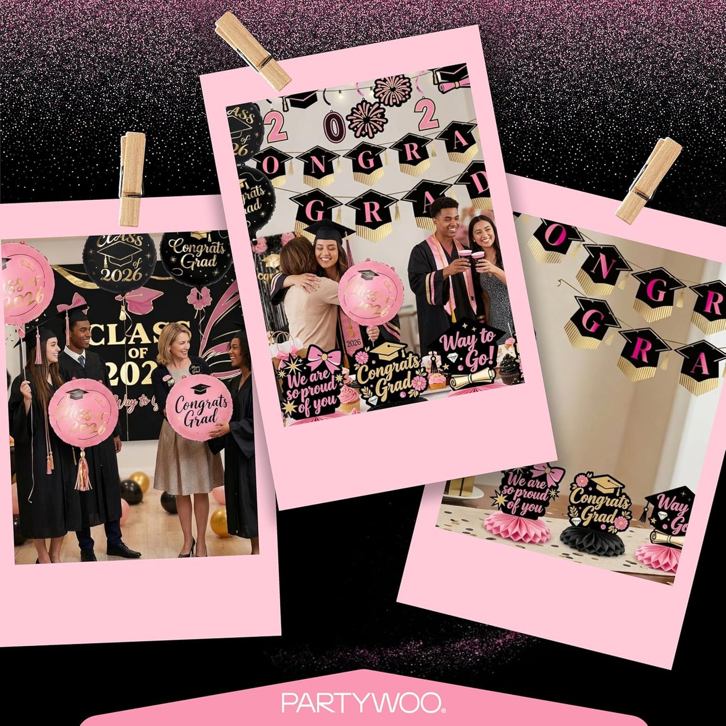 PartyWoo Graduation Decorations - Class of 2026 Black, Gold & Pink 19-Piece Set with Banner & Balloons