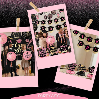 PartyWoo Graduation Decorations - Class of 2026 Black, Gold & Pink 19-Piece Set with Banner & Balloons