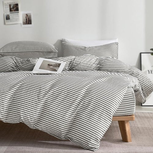JELLYMONI 100% Natural Cotton Striped Duvet Cover Set - White & Grey | Queen Size, Zipper Closure & Corner Ties