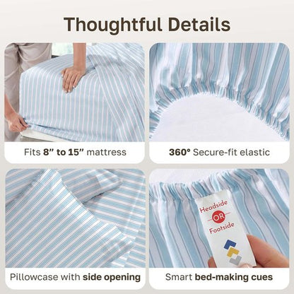 California Design Den Twin Size 100% Cotton Sheets Set - 400 Thread Count, Award-Winning Sateen Finish, Cape Stripe Blue
