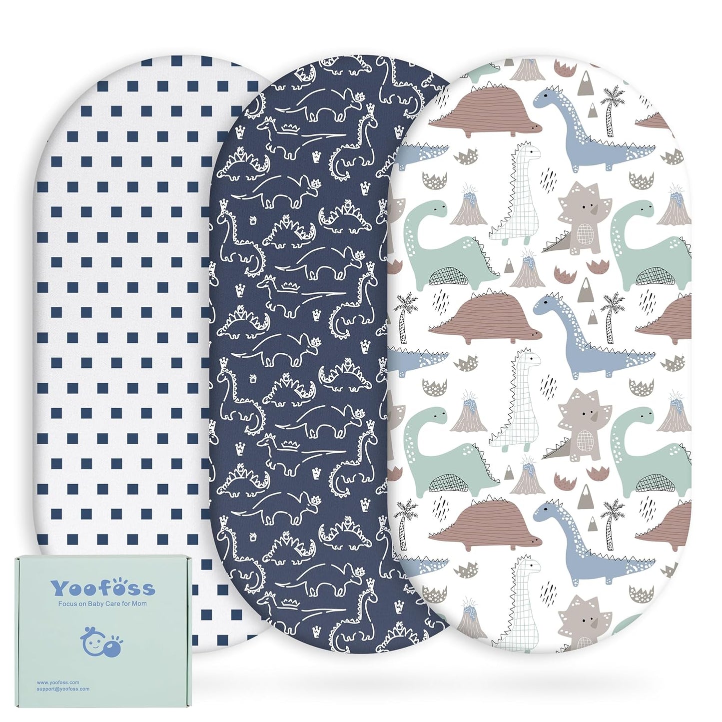 Yoofoss Bassinet Sheets - 3-Pack Fitted Baby Sheets Set for Halo & Baby Delight | Soft Dark Blue Dinosaurs