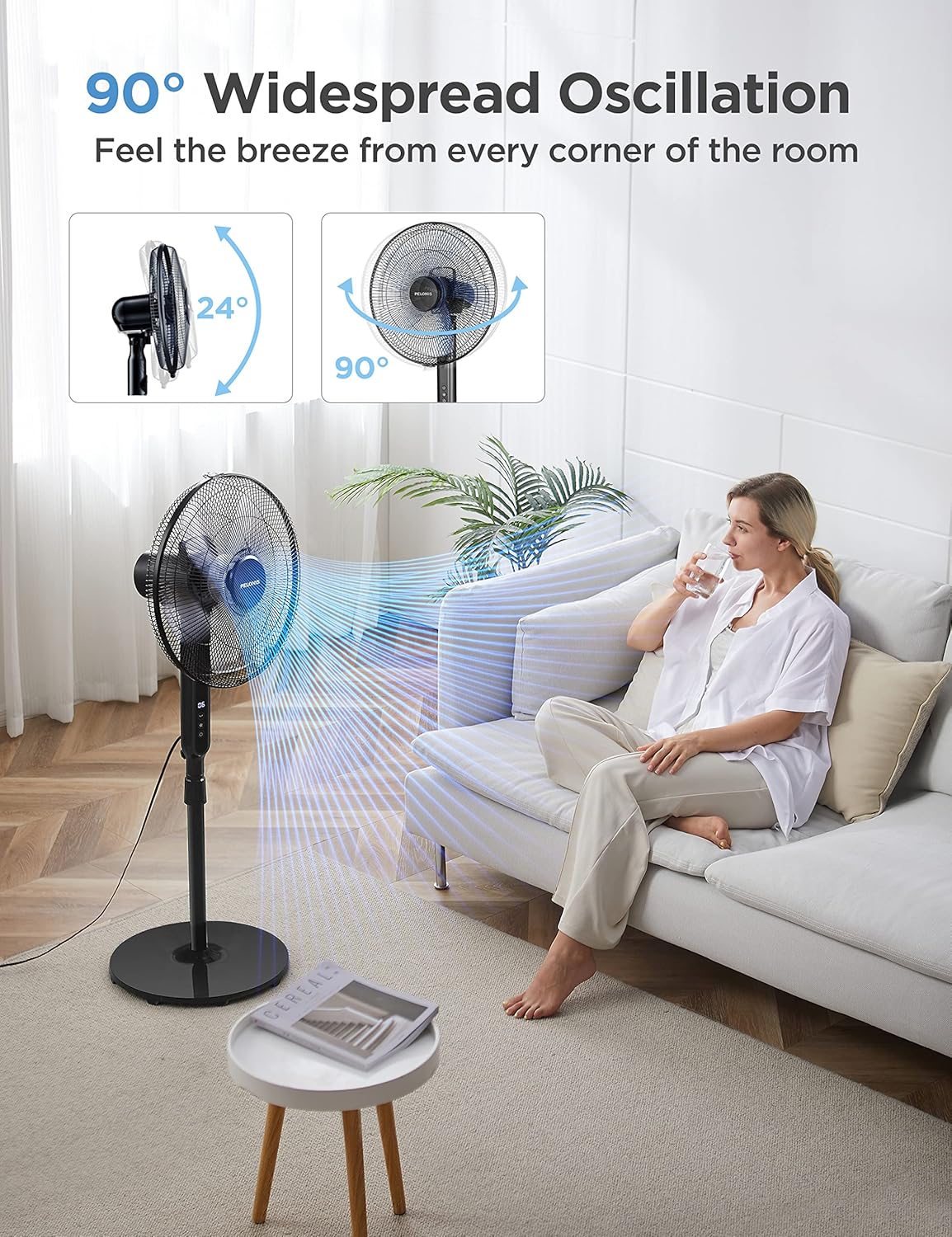 Pelonis 16" Oscillating Pedestal Fan - Ultra Quiet DC Motor, Adjustable Height, Remote Control | Black