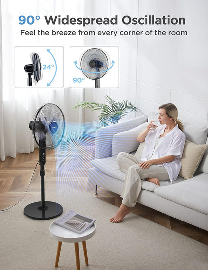 Pelonis 16" Oscillating Pedestal Fan - Ultra Quiet DC Motor, Adjustable Height, Remote Control | Black