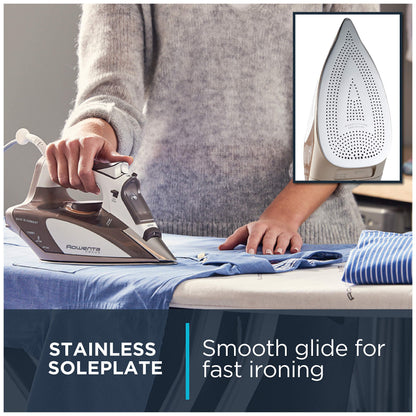Rowenta Micro Steam Stainless Steel Soleplate Steam Iron for Clothes 400 Microsteam Holes, Cotton, Wool, Poly, Silk, Linen, Nylon 1700 Watts Portable, Ironing, Fabric Steamer, Garment Steamer DW5080