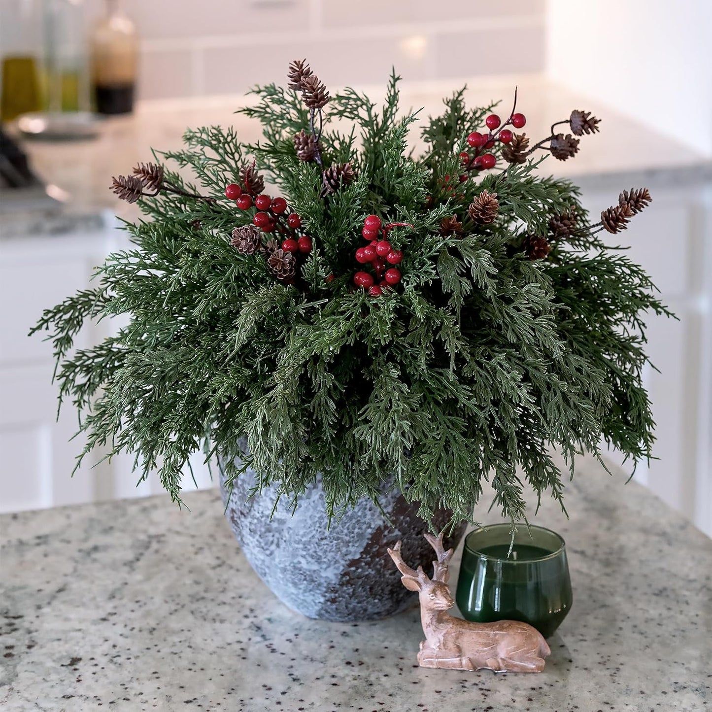 Skiennix Faux Cedar Stems - 17 PCS Artificial Norfolk Pine Branches with Pinecones & Red Berries for Christmas Decor
