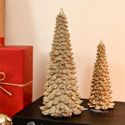 AOMOONOA Gold Christmas Tree Figurines - 2Pcs Resin Glitter Tabletop Decor | Small Xmas Trees Set