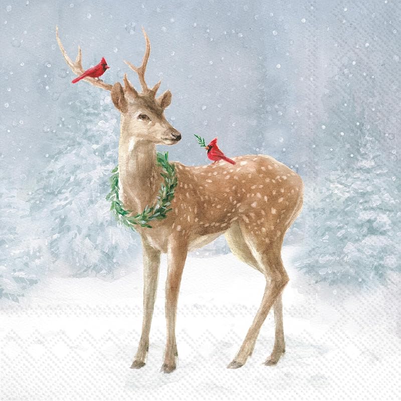 IHR Deer in Snow 5" x 5" 3-Ply Cocktail Napkins, 20-Count – Blue Christmas Table Decor