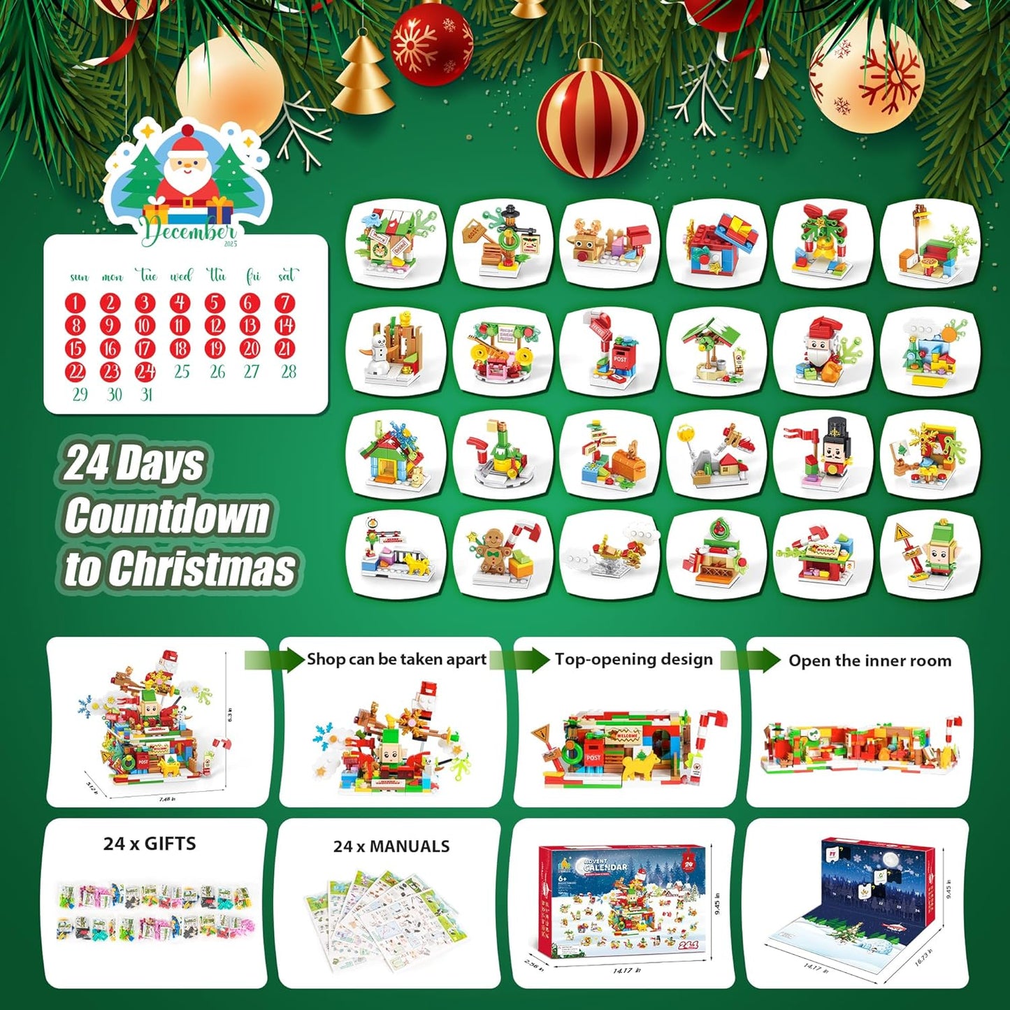 Santa’s Workshop Advent Calendar 2025 - 24-in-1 Holiday Countdown Gift for Kids Ages 6+ | Surprise Figures & Building Blocks