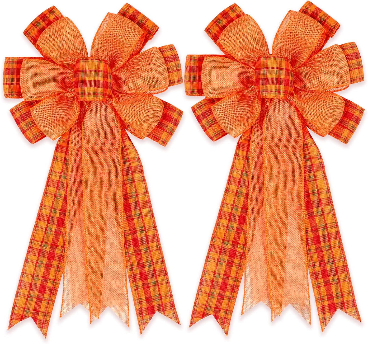 Skiennix Fall Bows - 2 Pack Halloween & Thanksgiving Wreath Decorations | Orange Buffalo Plaid Design