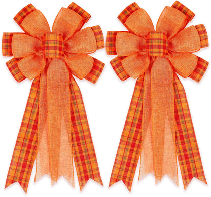 Skiennix Fall Bows - 2 Pack Halloween & Thanksgiving Wreath Decorations | Orange Buffalo Plaid Design